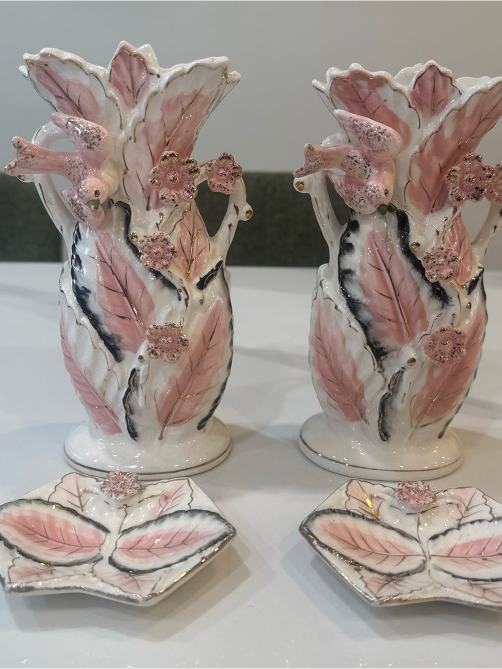 Vintage 1956 Pink Leaf & Bird Ceramic Vase with Matching Dish pair